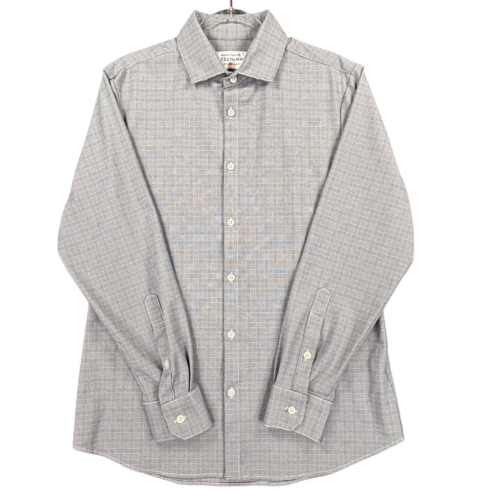 Mizzen+Main Leeward Collection Glen Plaid Dress Shirt Blue White Trim Fit Large